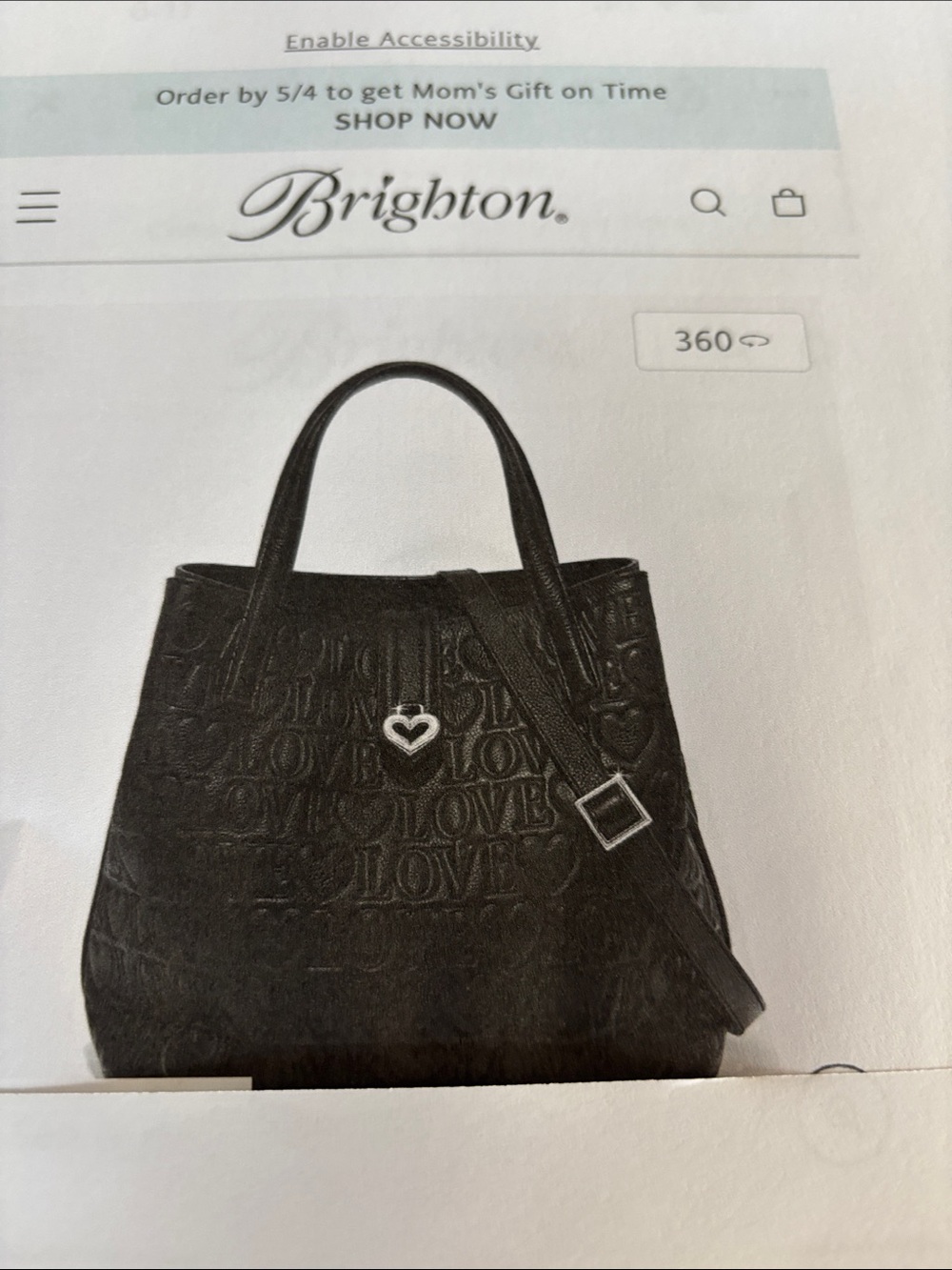 Brighton Black Embossed Love Tote with Heart Charm and Strap